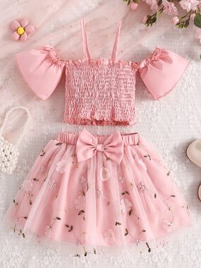 Children's Smocked Top & Bow Decor Tulle Skirt Set